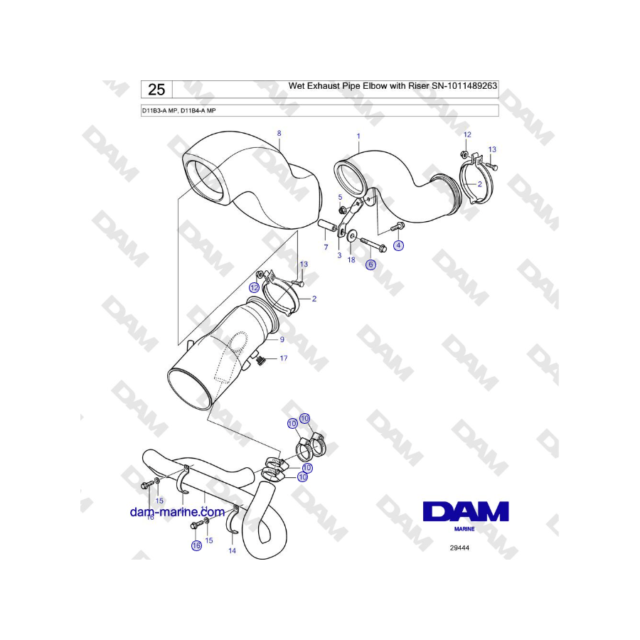 Volvo Penta D11B3-A MP, D11B4-A MP - Wet Exhaust Pipe Elbow with Riser SN-1011489263