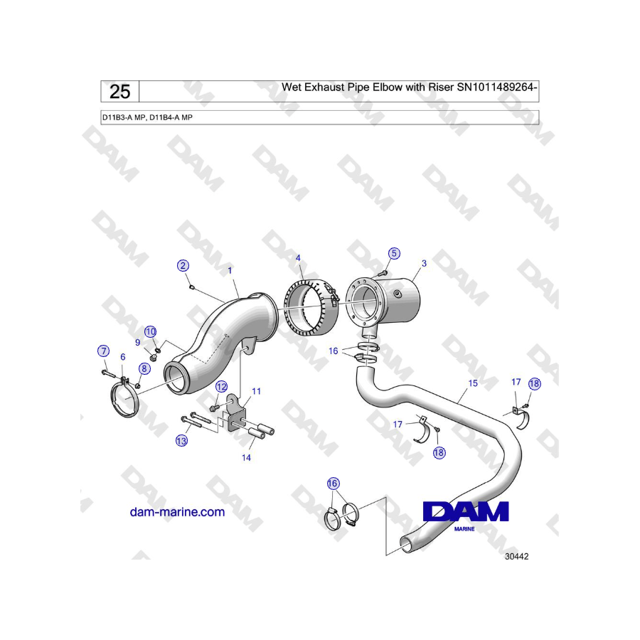 Volvo Penta D11B3-A MP, D11B4-A MP - Wet Exhaust Pipe Elbow with Riser SN1011489264-