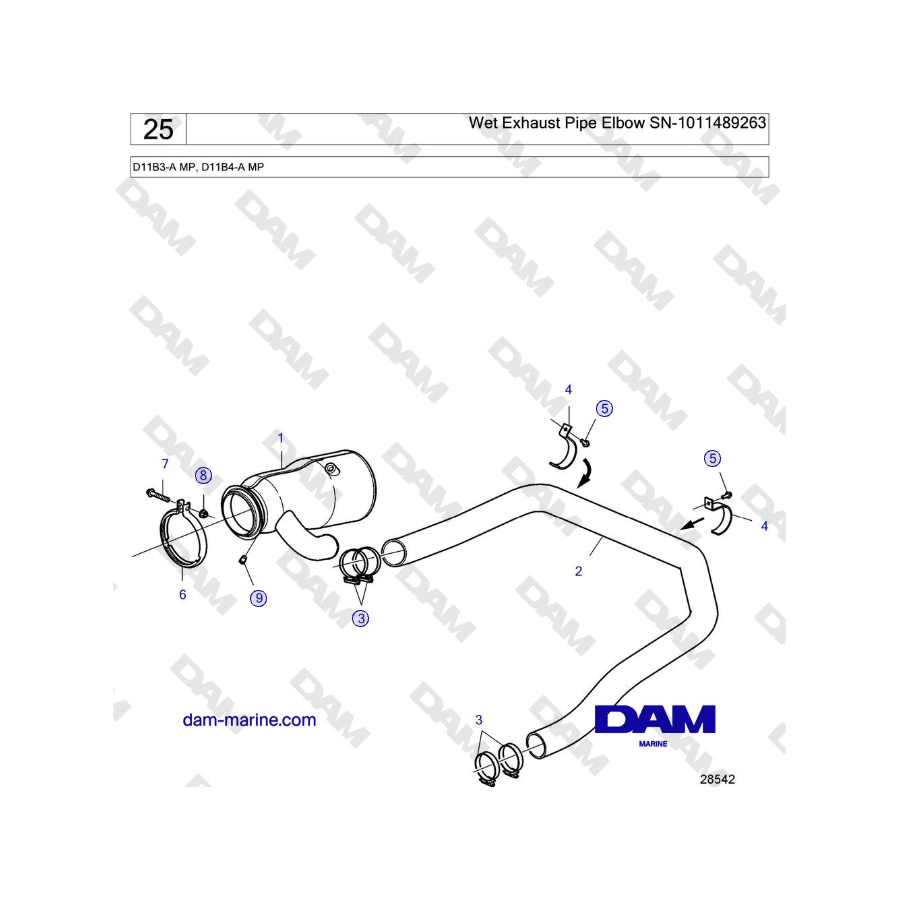 Volvo Penta D11B3-A MP, D11B4-A MP - Wet Exhaust Pipe Elbow SN-1011489263