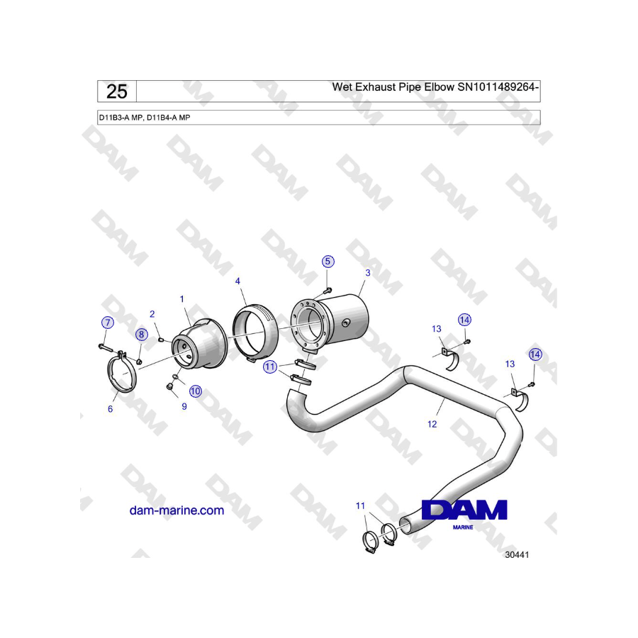 Volvo Penta D11B3-A MP, D11B4-A MP - Wet Exhaust Pipe Elbow SN1011489264-