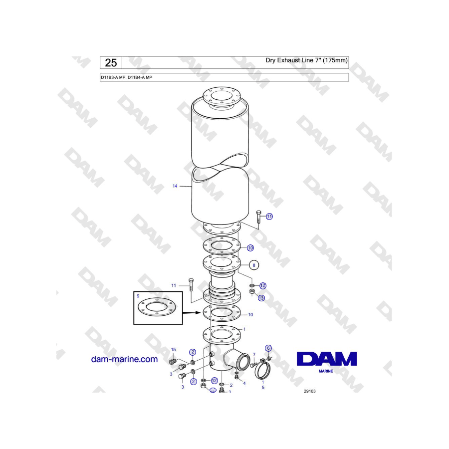 Volvo Penta D11B3-A MP, D11B4-A MP - Dry Exhaust Line 7'' (175mm)