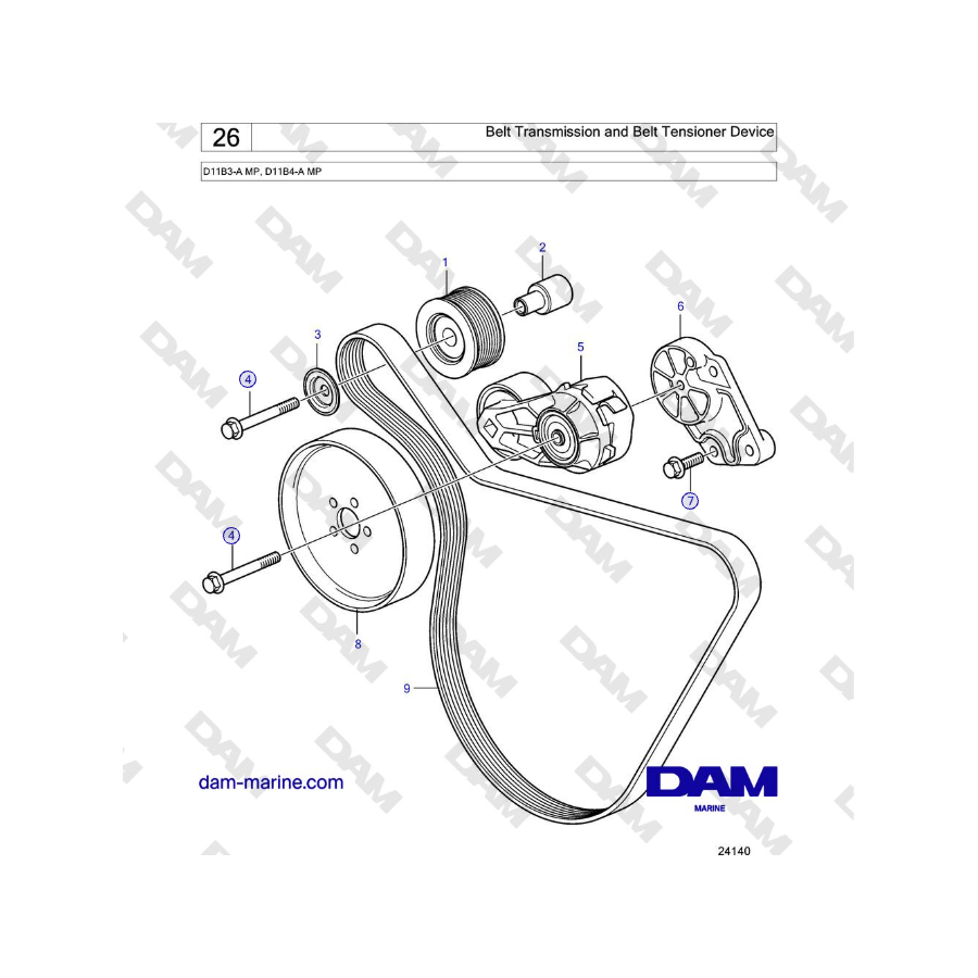 Volvo Penta D11B3-A MP, D11B4-A MP - Belt Transmission and Belt Tensioner Device