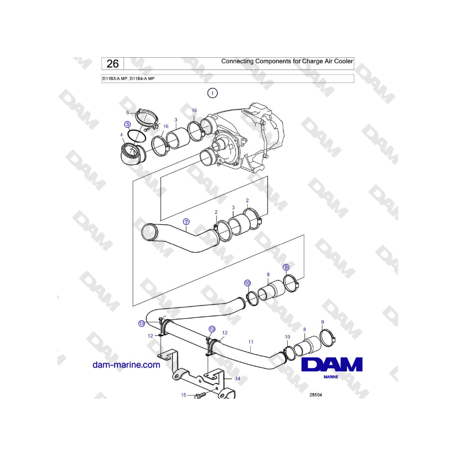 Volvo Penta D11B3-A MP, D11B4-A MP - Connecting Components for Charge Air Cooler