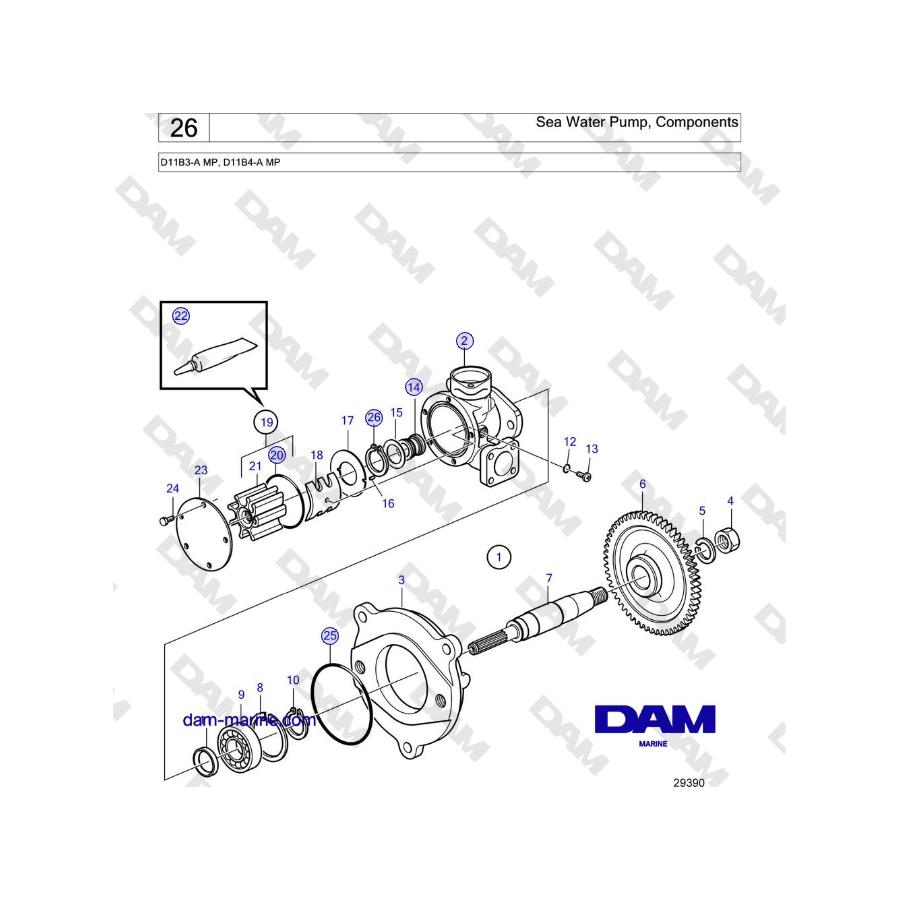 Volvo Penta D11B3-A MP, D11B4-A MP - Sea Water Pump, Components