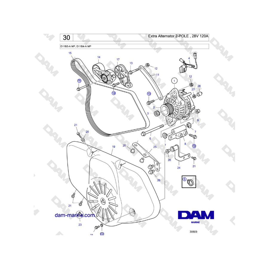 Volvo Penta D11B3-A MP, D11B4-A MP - Extra Alternator 2-POLE , 28V 120A