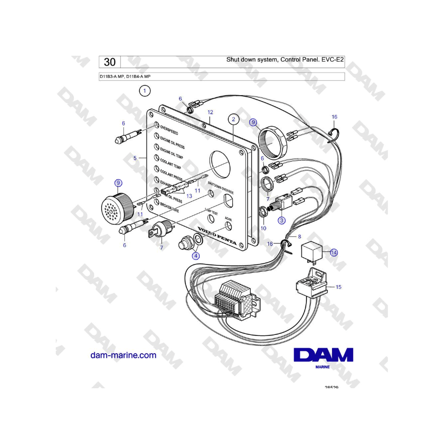 Volvo Penta D11B3-A MP, D11B4-A MP - Shut down system, Control Panel. EVC-E2