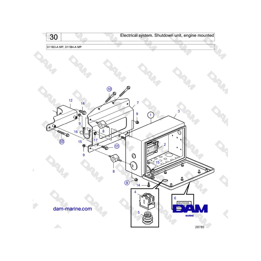 Volvo Penta D11B3-A MP, D11B4-A MP - Electrical system. Shutdown unit, engine mounted