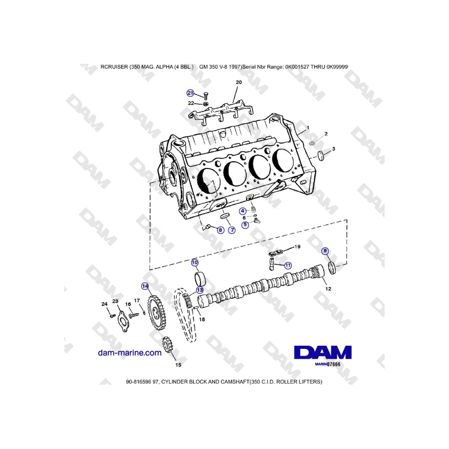 Mercruiser 350 MAG. ALPHA (4 BBL) - CYLINDER BLOCK AND CAMSHAFT(350 C.I.D. ROLLER LIFTERS)