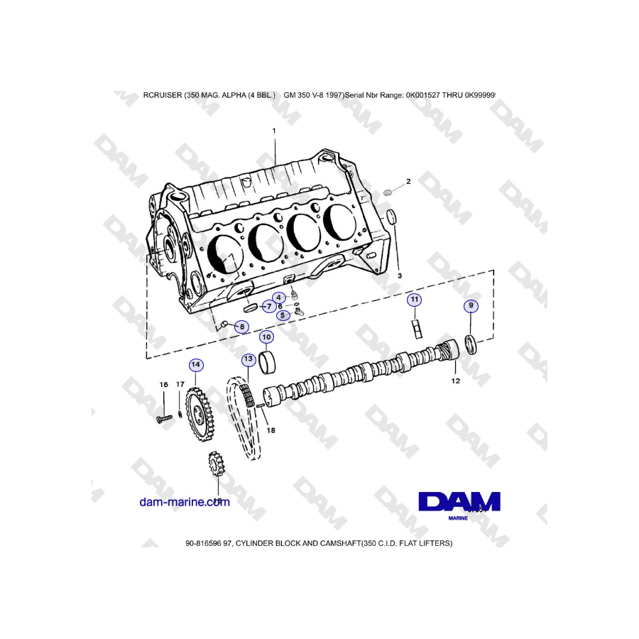 Mercruiser 350 MAG. ALPHA (4 BBL) - CYLINDER BLOCK AND CAMSHAFT(350 C.I.D. FLAT LIFTERS)