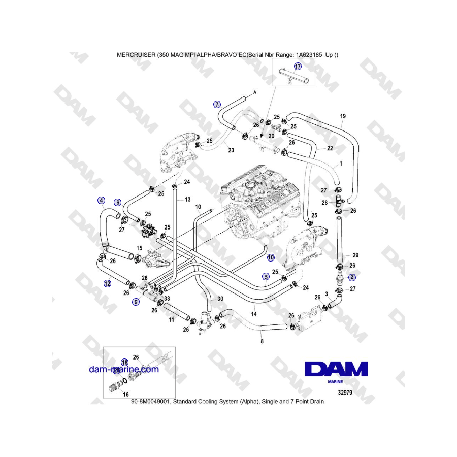 MERCRUISER 350 MAG MPI EC - Standard Cooling System (Alpha), Single and 7 Point Drain