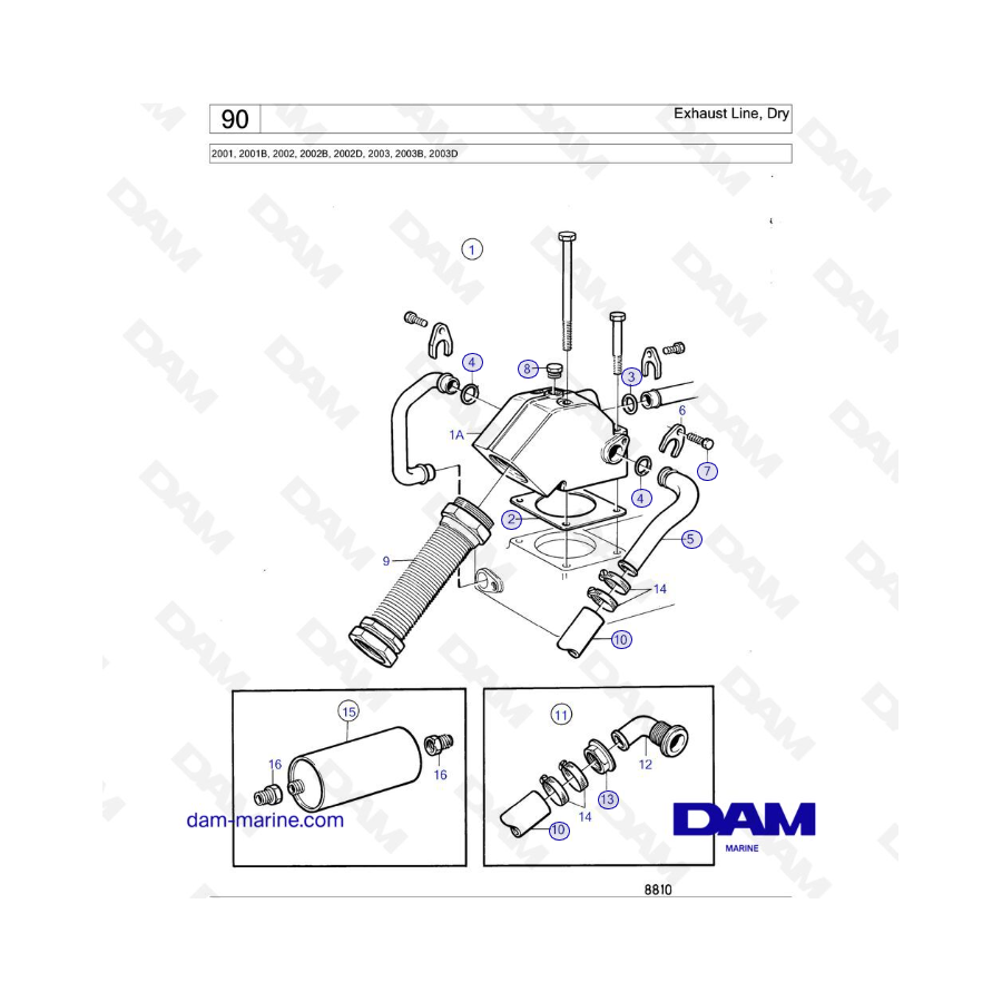 Volvo Penta 2001, 2001B, 2002, 2002B, 2002D, 2003, 2003B, 2003D - Exhaust Line, Dry