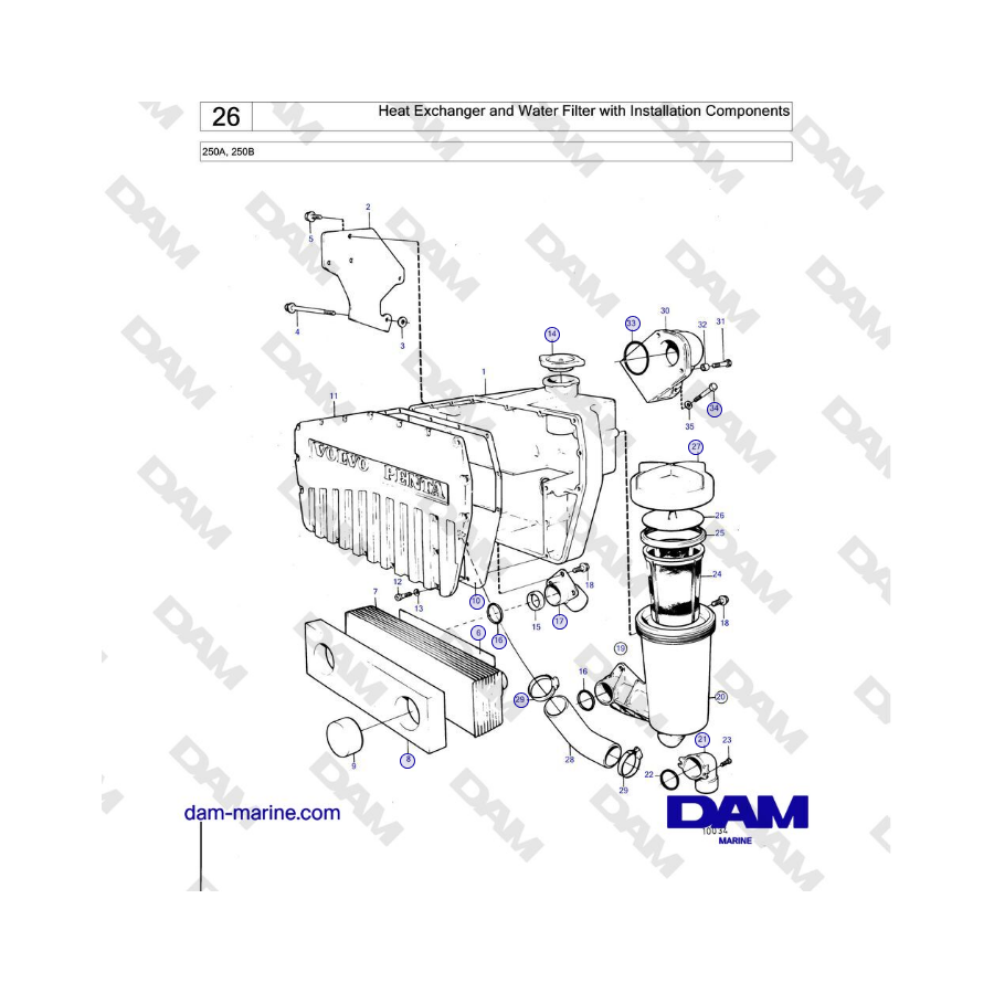 Volvo Penta 250A, 250B - Heat Exchanger and Water Filter with Installation Components