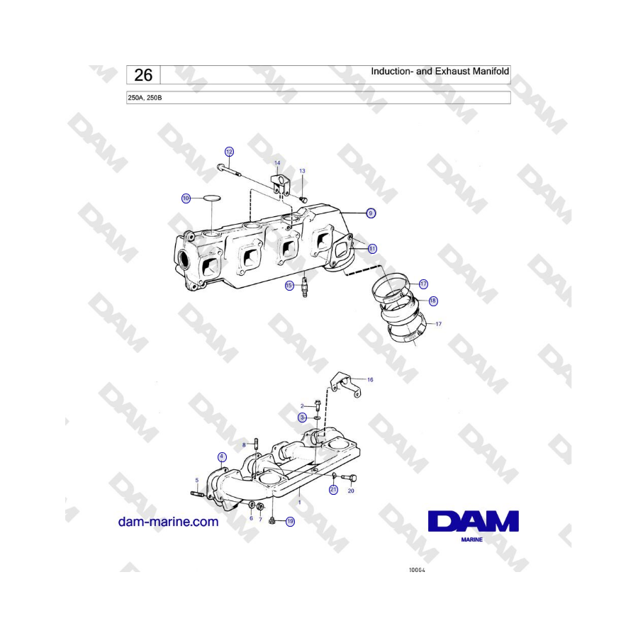 Volvo Penta  250A, 250B - Induction- and Exhaust Manifold