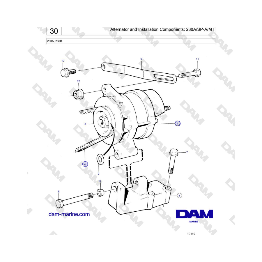 Volvo Penta 230A, 230B - Alternator and Installation Components: 230A/SP-A/MT