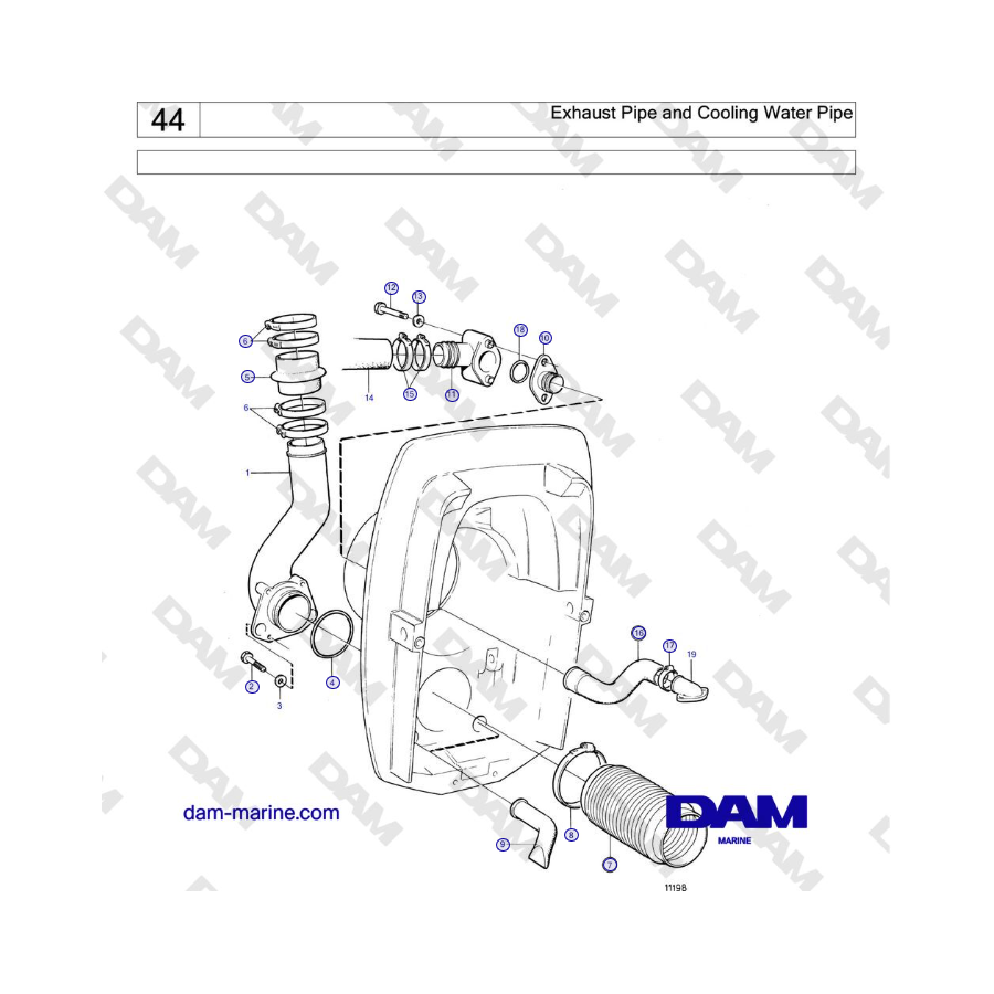 Volvo Penta 230A, 230B, 250A, 250B - Exhaust Pipe and Cooling Water Pipe