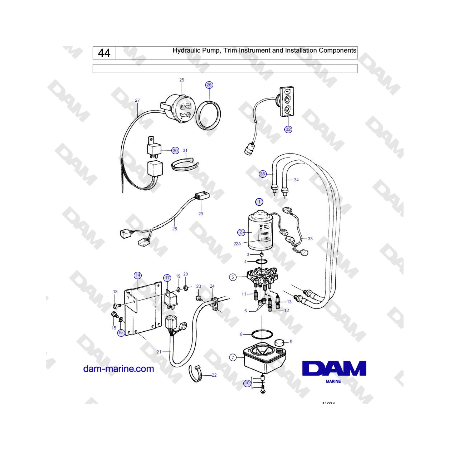 Volvo Penta 230A, 230B, 250A, 250B - Hydraulic Pump, Trim Instrument and Installation Components