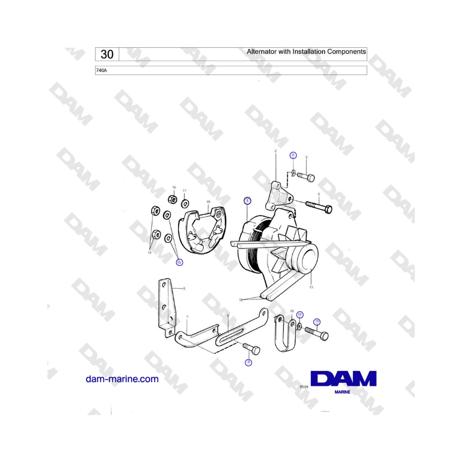 Volvo Penta 740A - Alternator with Installation Components