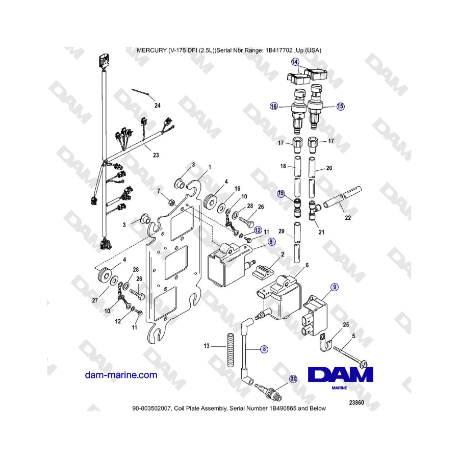 Mercury 175 Verado - Coil Plate Assembly, Serial Number 1B490865 and Below