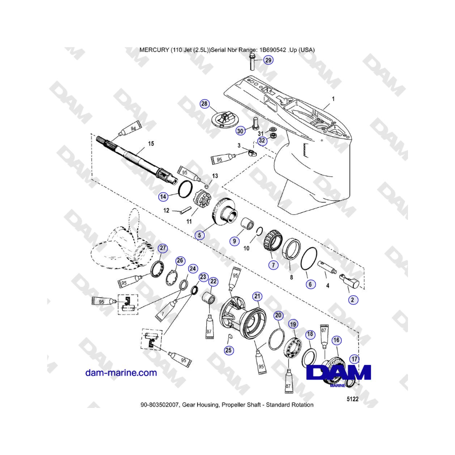 Mercury 110 EFI - Gear Housing, Propeller Shaft - Standard Rotation