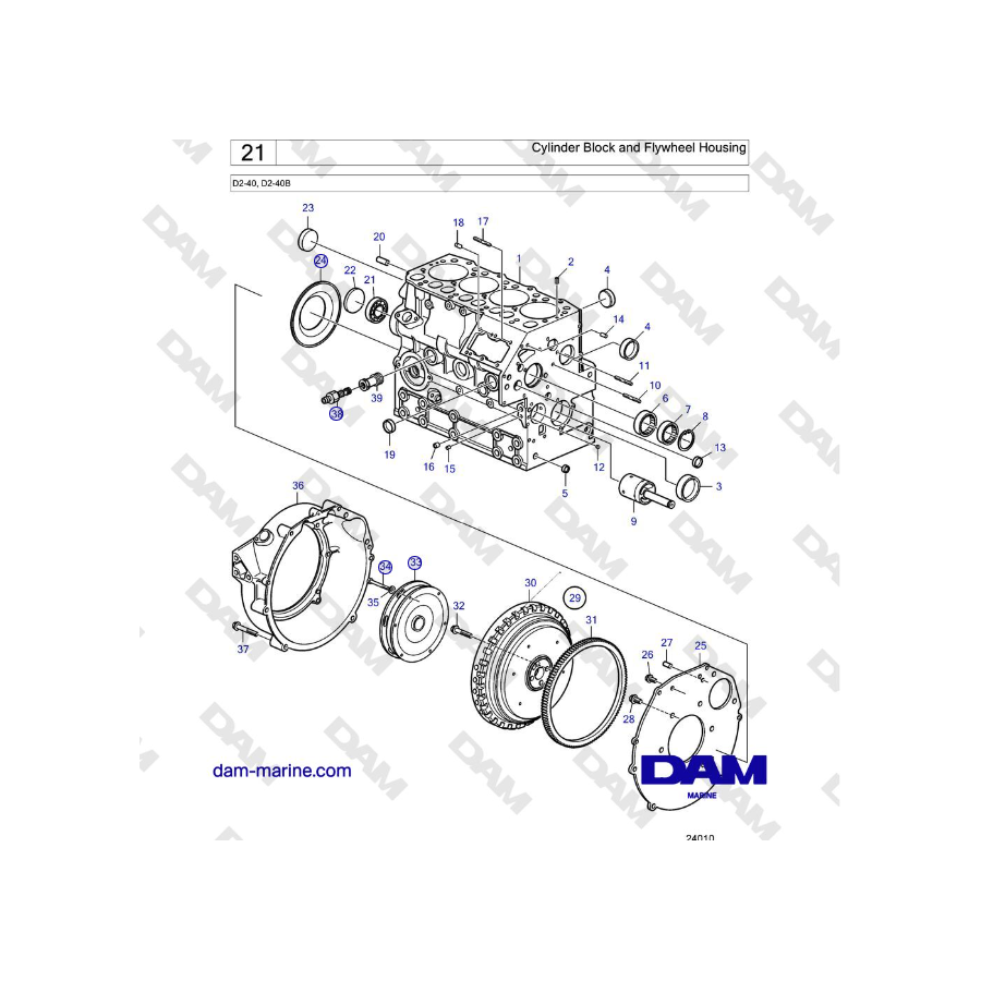 Volvo Penta D2-40, D2-40B - Cylinder Block and Flywheel Housing 