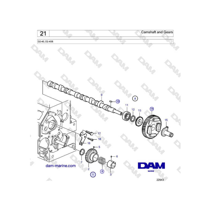 Volvo Penta  D2-40, D2-40B - Camshaft and Gears