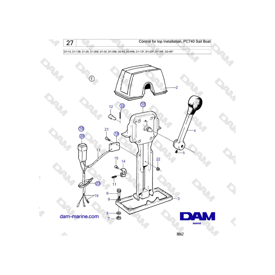 Volvo Penta D2-40, D2-40B, D2-40F - Control for top Installation, PC740 Sail Boat