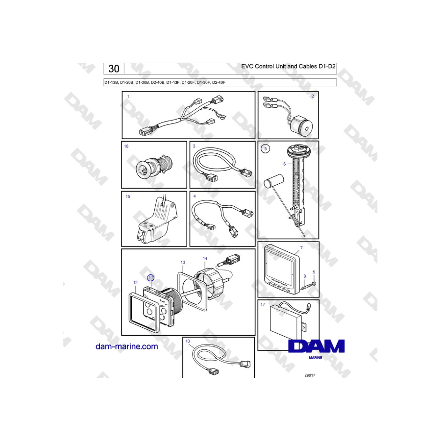 Volvo Penta D2-40B, D2-40F - EVC Control Unit and Cables D1-D2