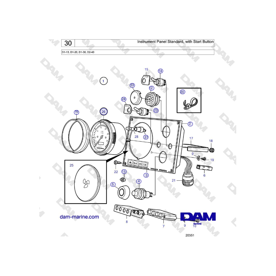 Volvo Penta D2-40 - Instrument Panel Standard, with Start Button