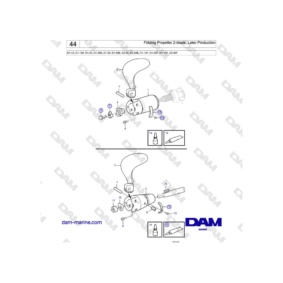 Volvo Penta D2-40, D2-40B, D2-40F  - Folding Propeller 2-blade, Later Production