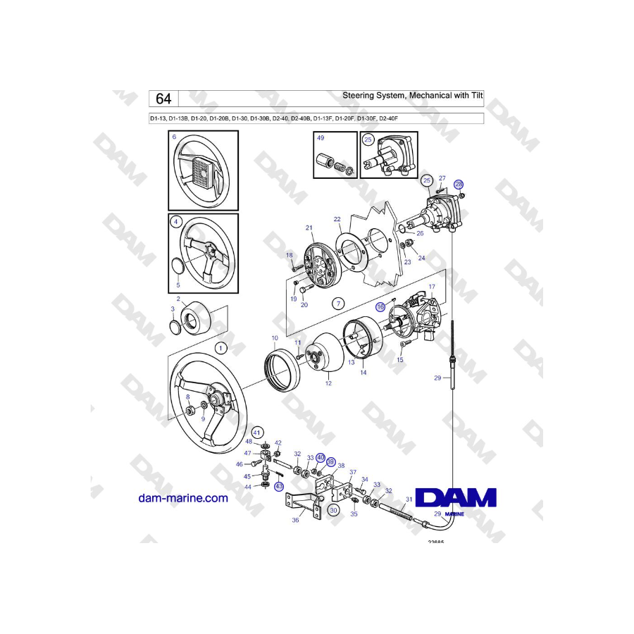 Volvo Penta D2-40, D2-40B, D2-40F - Steering System, Mechanical with Tilt