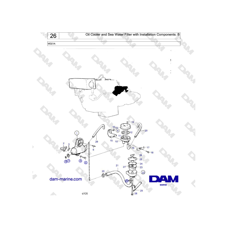 Volvo Penta MD21A - Oil Cooler and Sea Water Filter with Installation Components: B