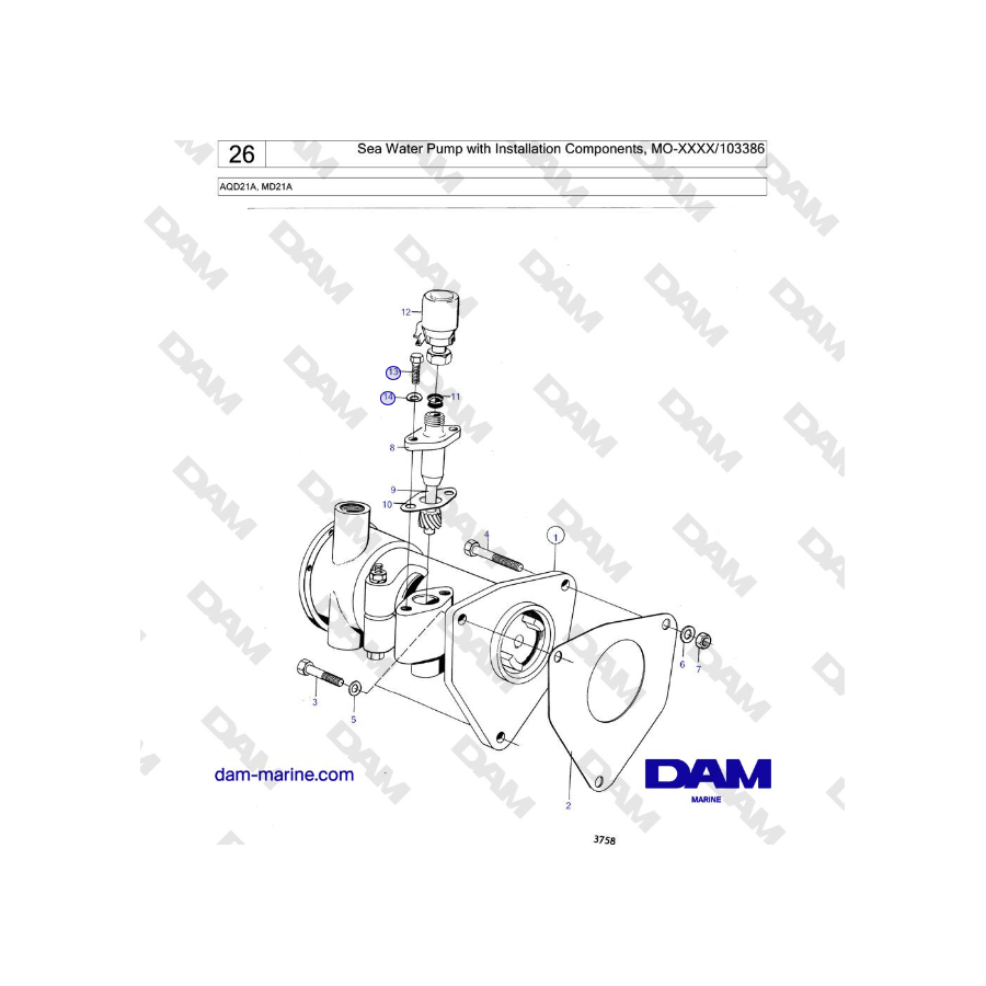 Volvo Penta MD21A - Sea Water Pump with Installation Components