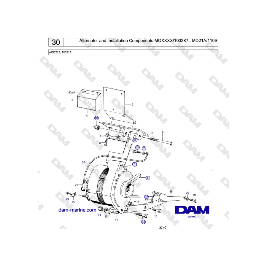 Volvo Penta MD21A - Alternator and Installation Components MOXXXX/103387-: MD21A/110S