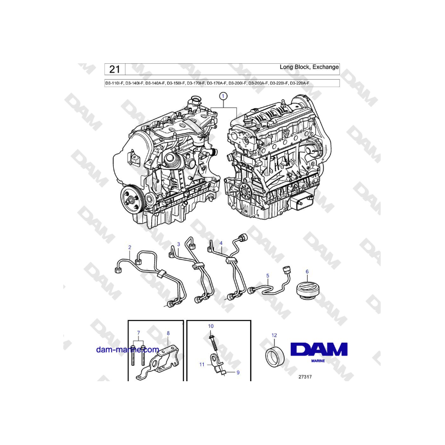 Volvo Penta D3-220A-F - Long Block, Exchange SN-2003018537