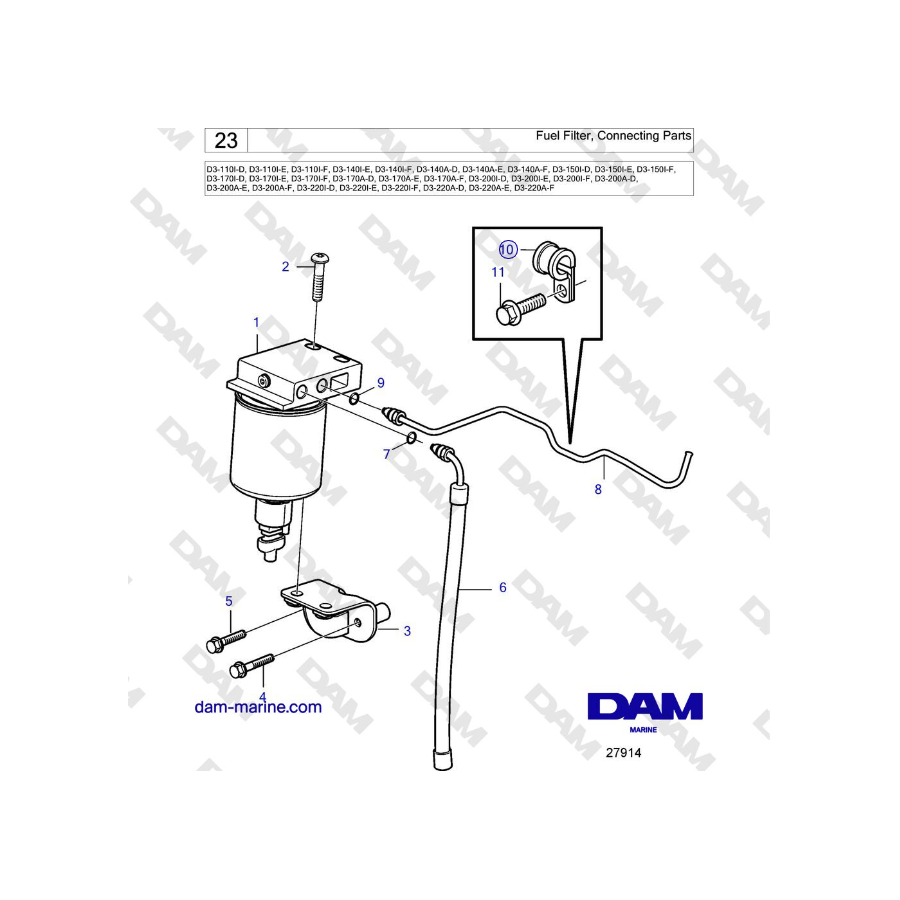 Volvo Penta D3-220A-F - Fuel Filter, Connecting Parts