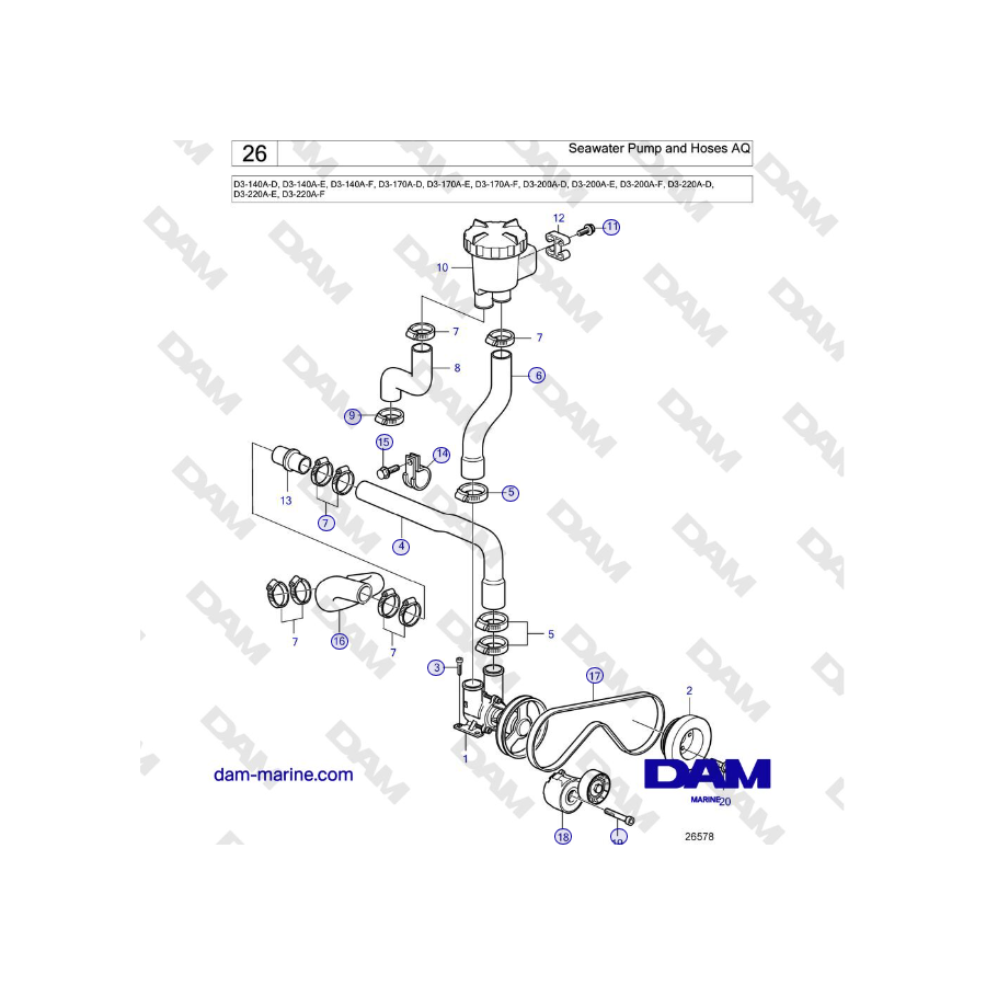 Volvo Penta D3-220A-F - Seawater Pump and Hoses AQ