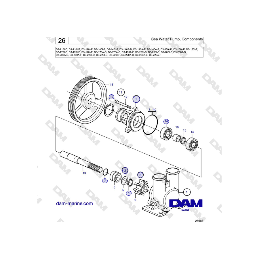 Volvo Penta D3-220A-F - Sea Water Pump, Components