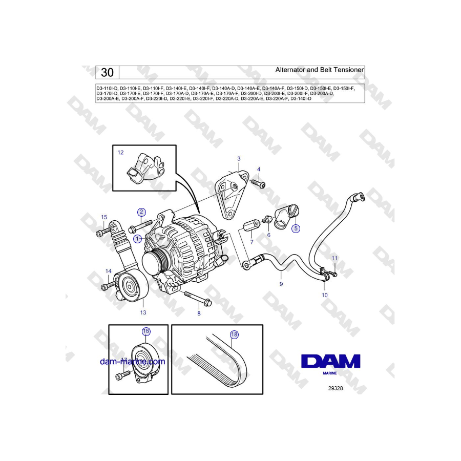 Volvo Penta D3-220A-F - Alternator and Belt Tensioner