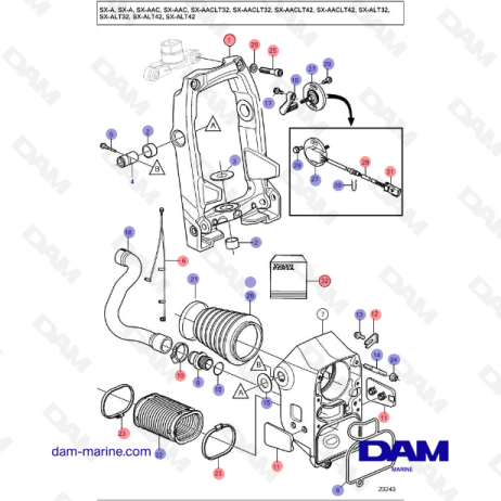 Vue éclatée fourche de direction embase Volvo Penta SX-A