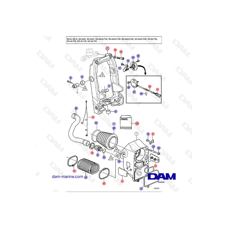 Vue éclatée fourche de direction embase Volvo Penta SX-A