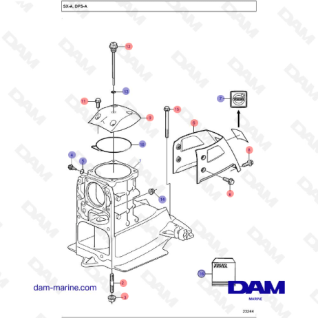 Vue éclatée Upper Vertical Shaft Embase SX-A Volvo Penta