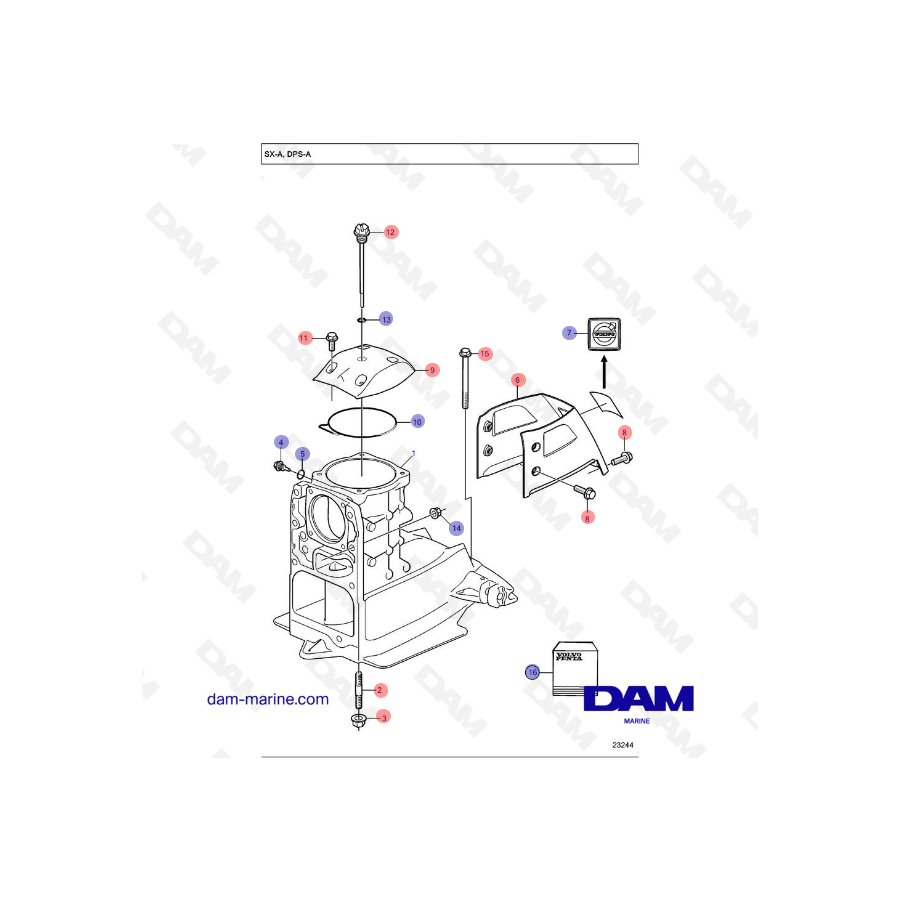 Vue éclatée Upper Vertical Shaft Embase SX-A Volvo Penta