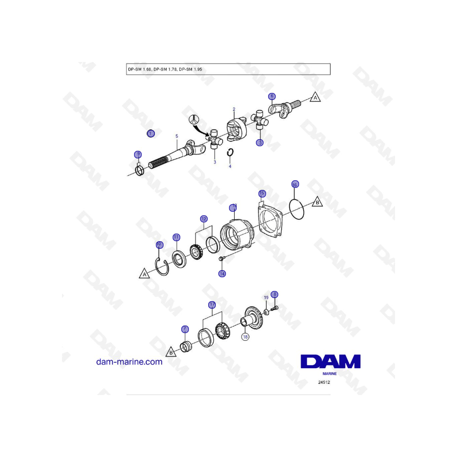 Vue éclatée Bearing Carrier and U-joint, GKN embase Volvo Penta DP-SM