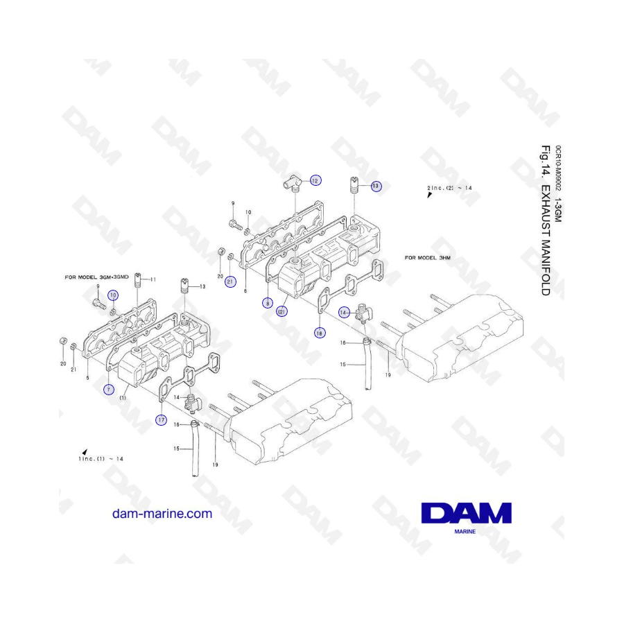 Yanmar 3GM, 3HM - Colector de escape