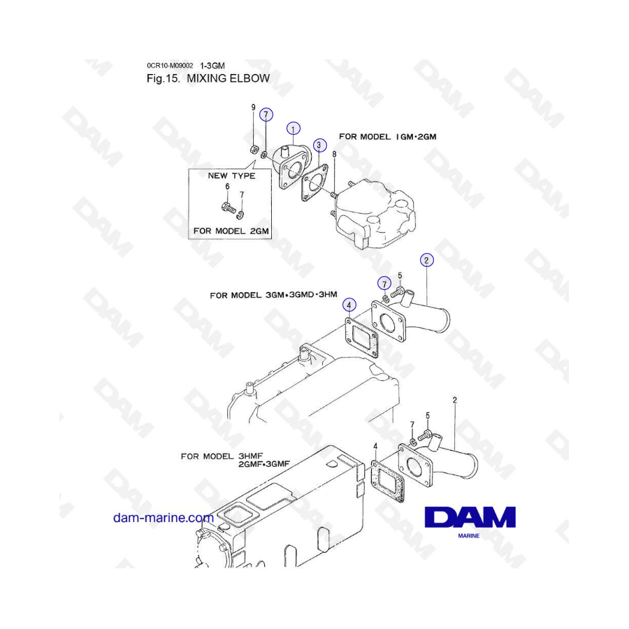 Yanmar 1GM, 2GM, 3GM, 3GMD, 3HM, 3HMF, 2GMF, 3GMF - Codo mezclador