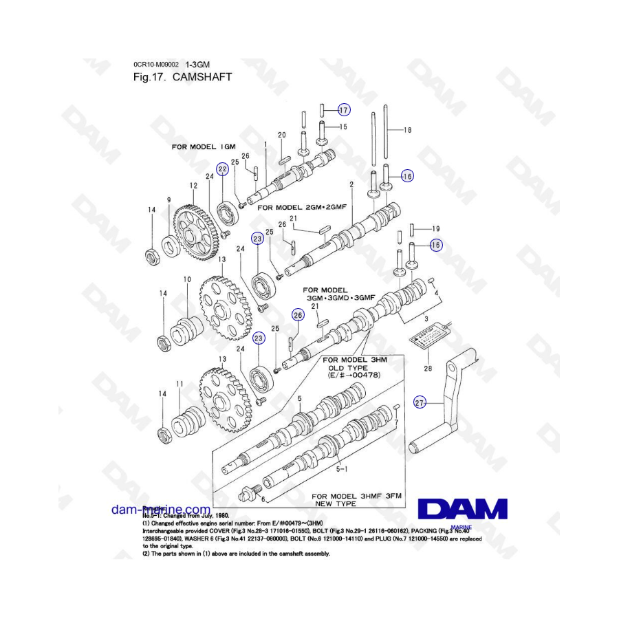 Yanmar 1GM, 2GM, 2GMF, 3GM, 3GMD, 3GMF - Árbol de levas