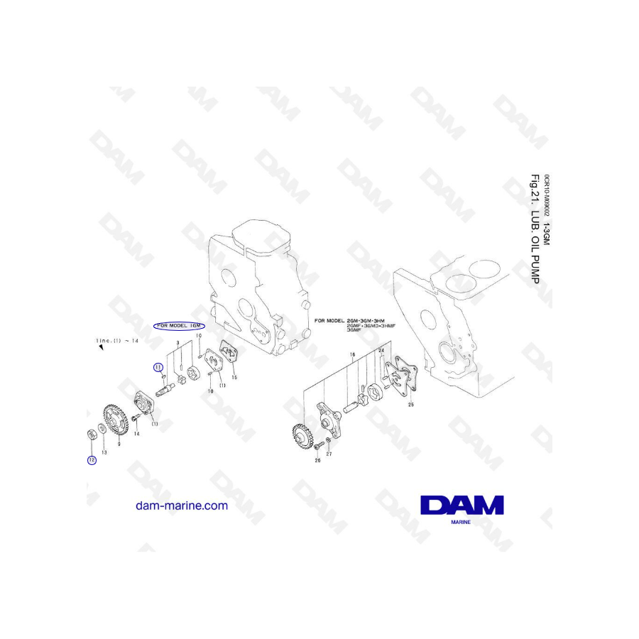 Yanmar 1GM, 2GM, 3GM, 3HM - Lub. bomba de aceite