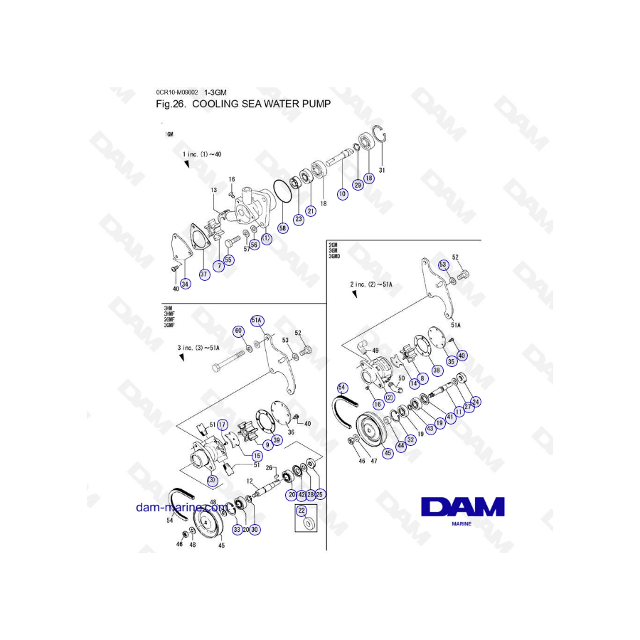 Yanmar 1GM, 2GM, 3GM, 3HM - Cooling sea water pump