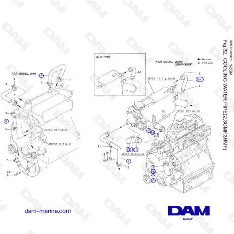 Yanmar 2GMF, 3GMF, 3HMF - Tubo de agua de refrigeración