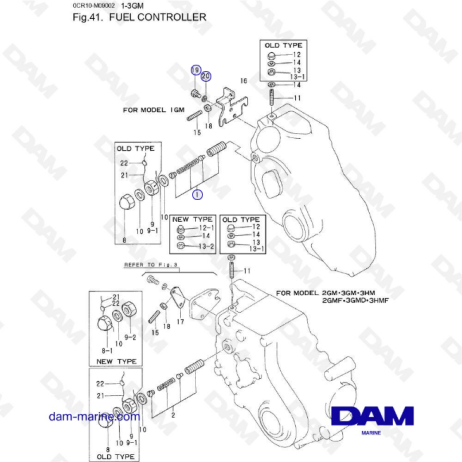 Yanmar 1GM, 2GM, 3GM, 3HM, 2GMF, 3GMD, 3HMF - Controlador de combustible